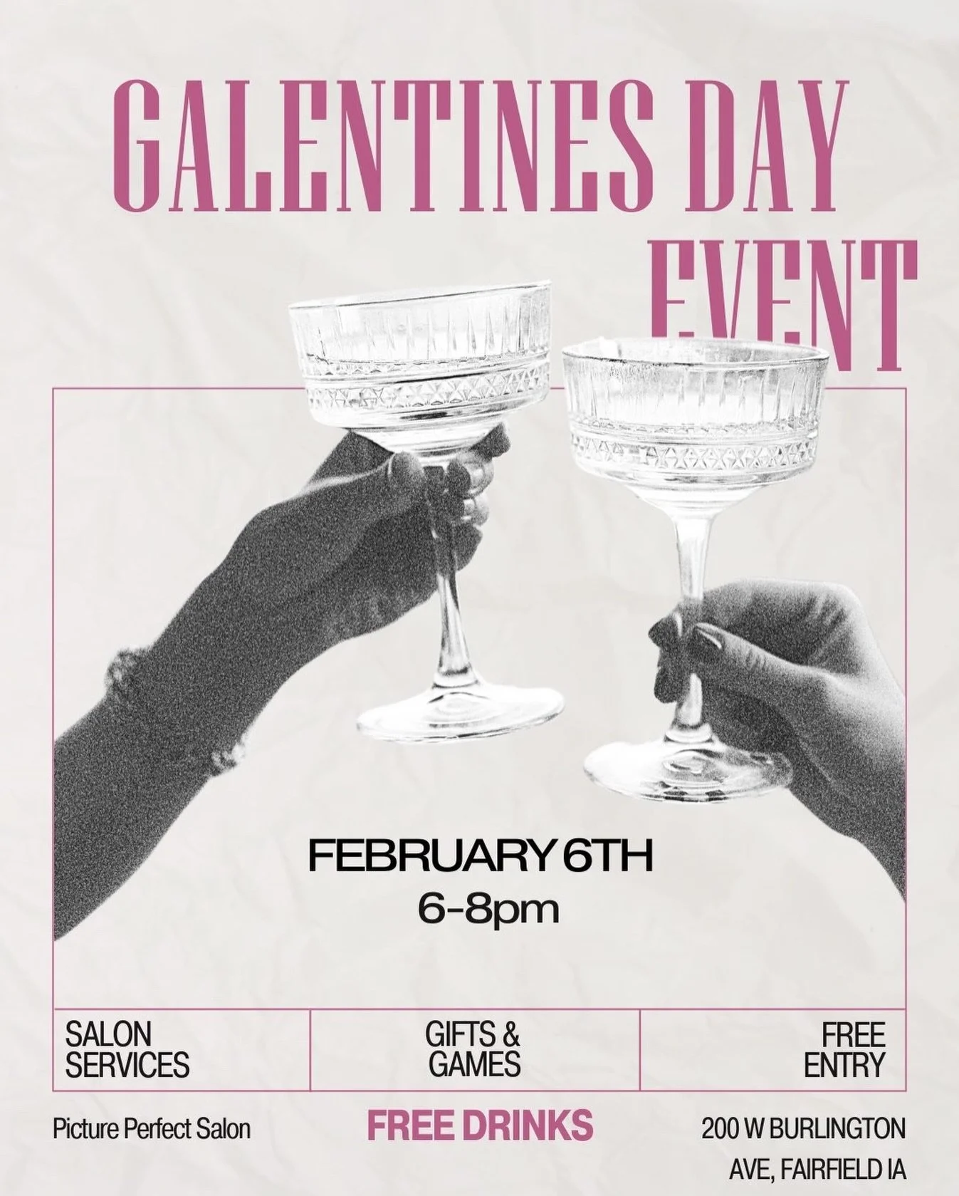 ✨ GALENTINE&rsquo;S DAY AT PICTURE PERFECT ✨

Grab your girls and come sip, shop &amp; glow with us. 
We&rsquo;ll have fun games, gifts, FREE drinks, and all the girly vibes.

💖 Charm Bracelet Bar
💖 Piercings
💖 Body waxing 
💖 Mini color analysis
