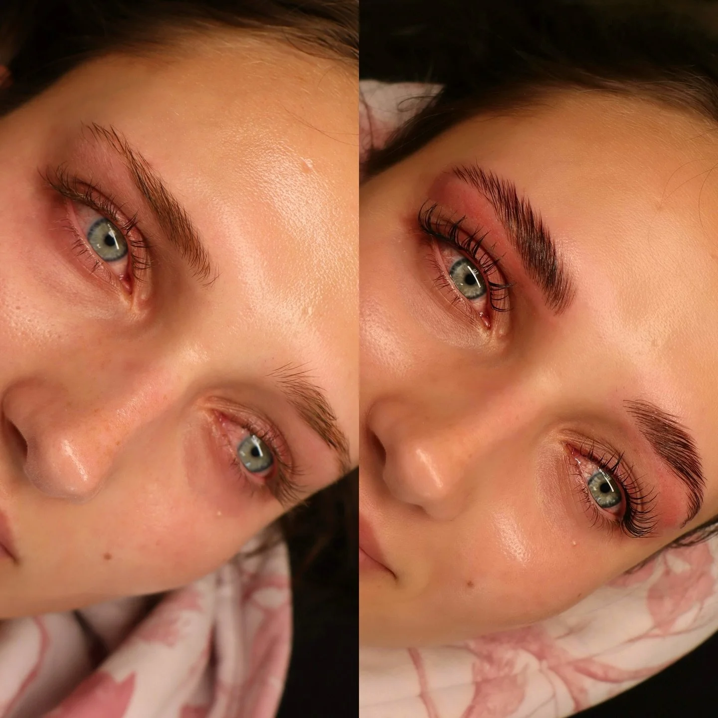 Epic before and after of a lash lift/tint + brow lamination/tint! 🌸🌸

She has THEE longest lashes and can you believe how full that brow lamination made her brows look 👀