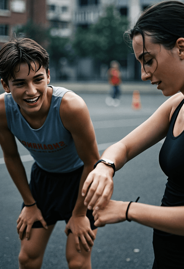 Two women in athletic wear laughing and talking after a workout on a city street.