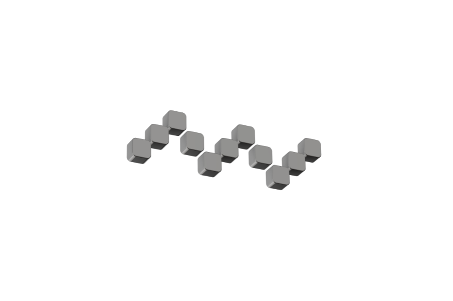 A 3D digital rendering of fifteen gray hexagonal cubes arranged in a zigzag pattern.