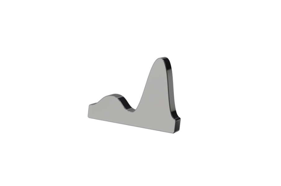 A metallic object with a curved, wave-like shape and black edges, positioned on a transparent background.