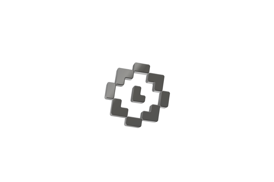 Close-up of a metallic logo with a diamond shape composed of smaller interconnected square and rectangular blocks, positioned on a white and gray gradient background.