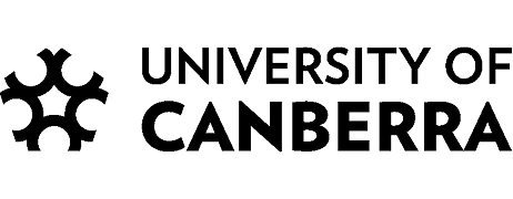 University of Canberra logo with stylized emblem and university name in black text