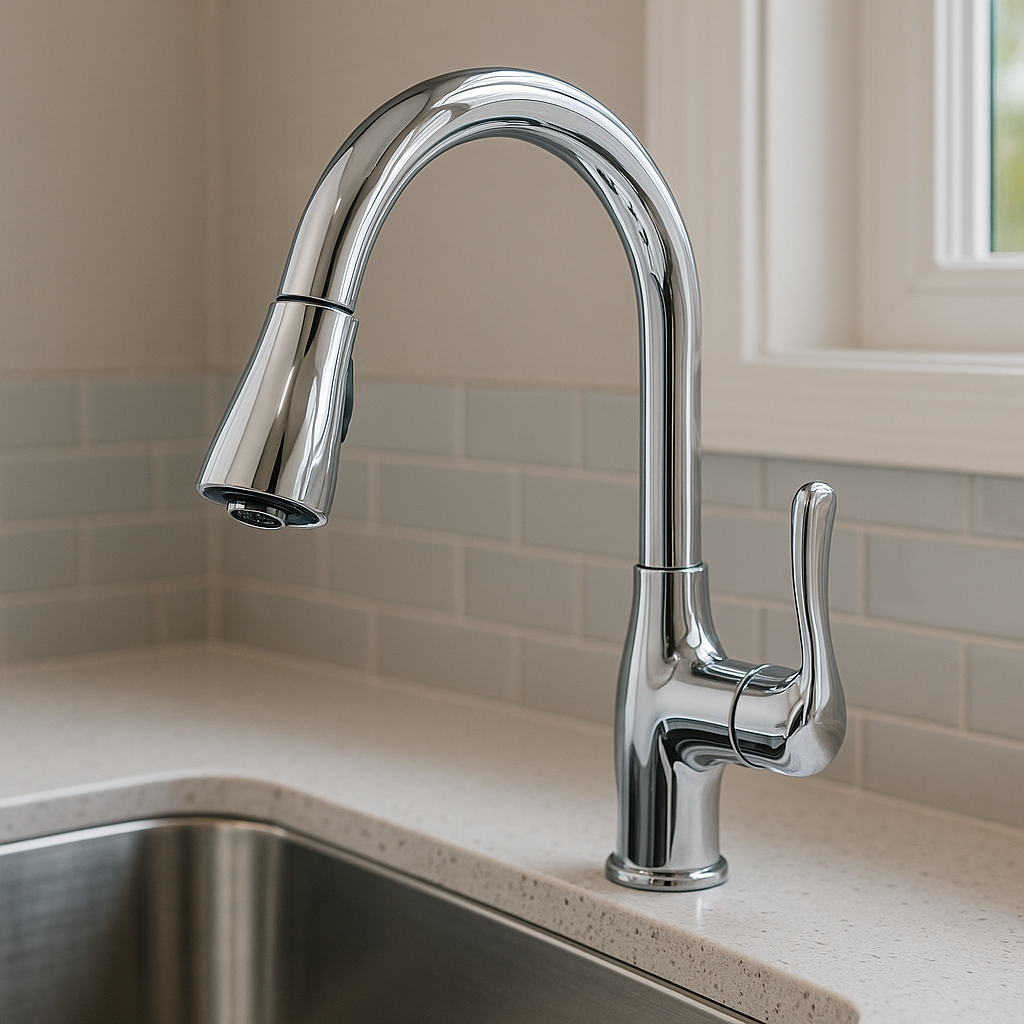 A modern chrome kitchen faucet installed over a stainless steel sink with beige countertop and white brick backsplash.
