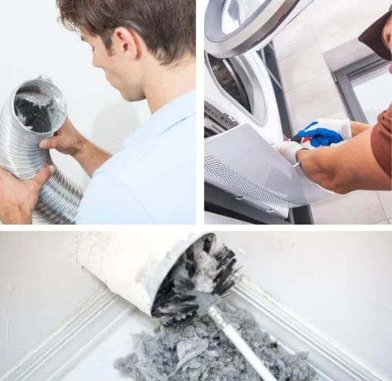 Images of cleaning appliances and tools: a person repairing a dryer vent, a person cleaning a washing machine, and a bucket of dust or debris spilled on the floor.