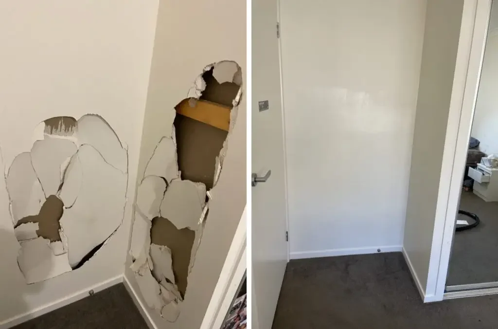 Comparison of a wall with large holes on the left and a repaired, intact wall on the right.