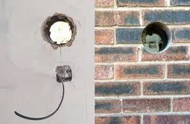 Side-by-side comparison of a hole in a wall with a conduit and an electrical outlet on the left, and a brick wall with a small circular hole revealing the interior on the right.