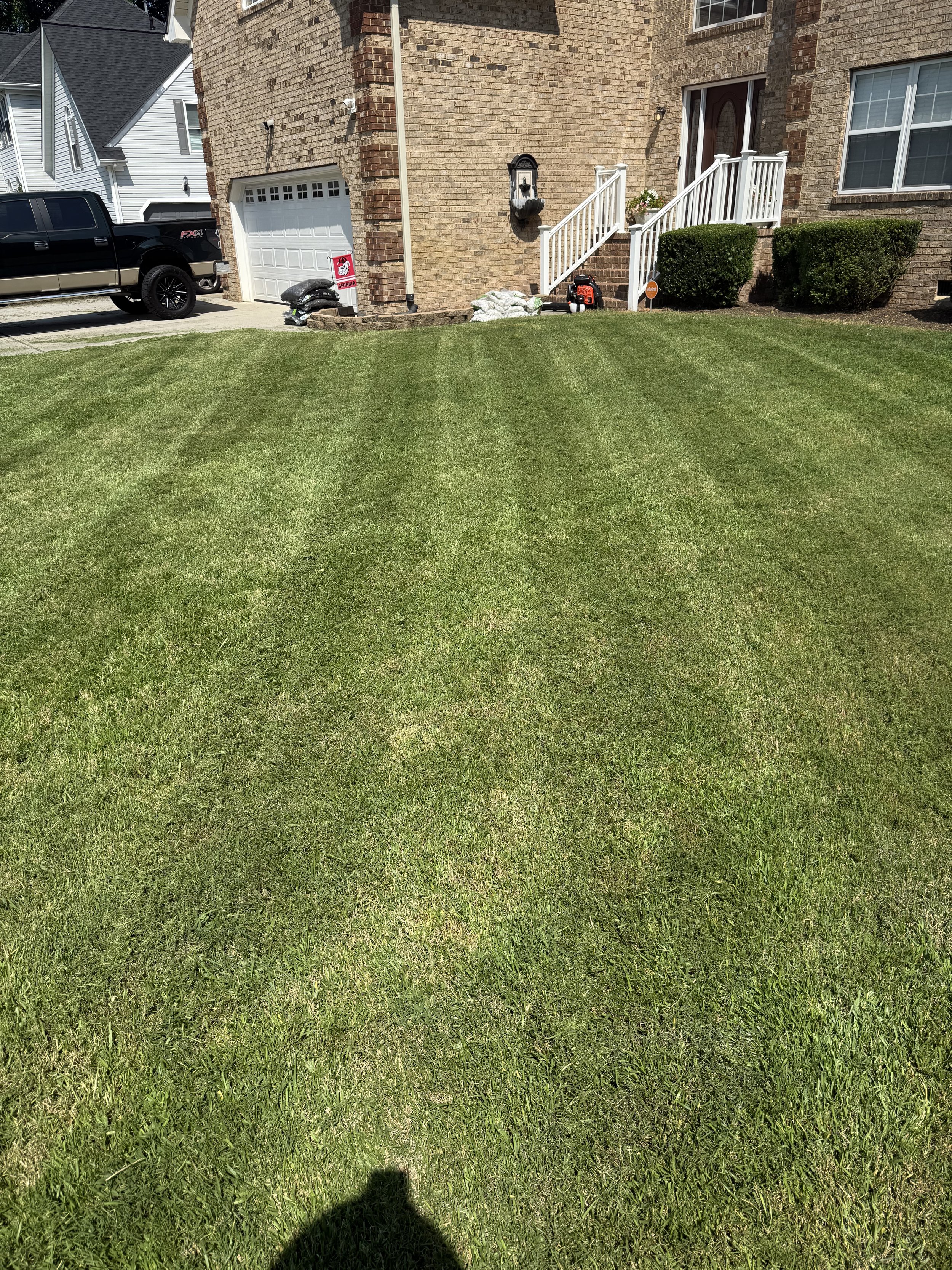 Freshly mowed front yard grass in front of a brick house with white steps and bushes.