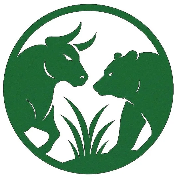 Green logo featuring a stylized bull and bear facing each other with grass in between inside a circle.