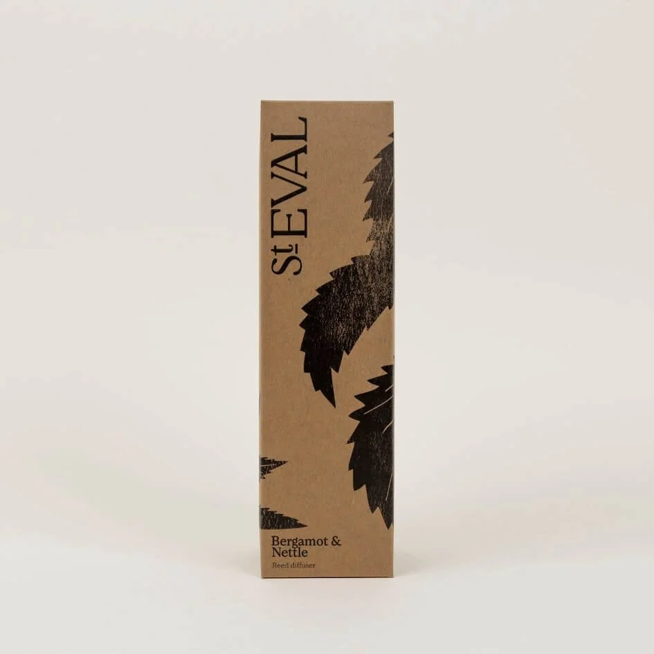 St. Eval Bergamot & Nettle reed diffuser eco-friendly kraft packaging with botanical design – premium home fragrance gift box.