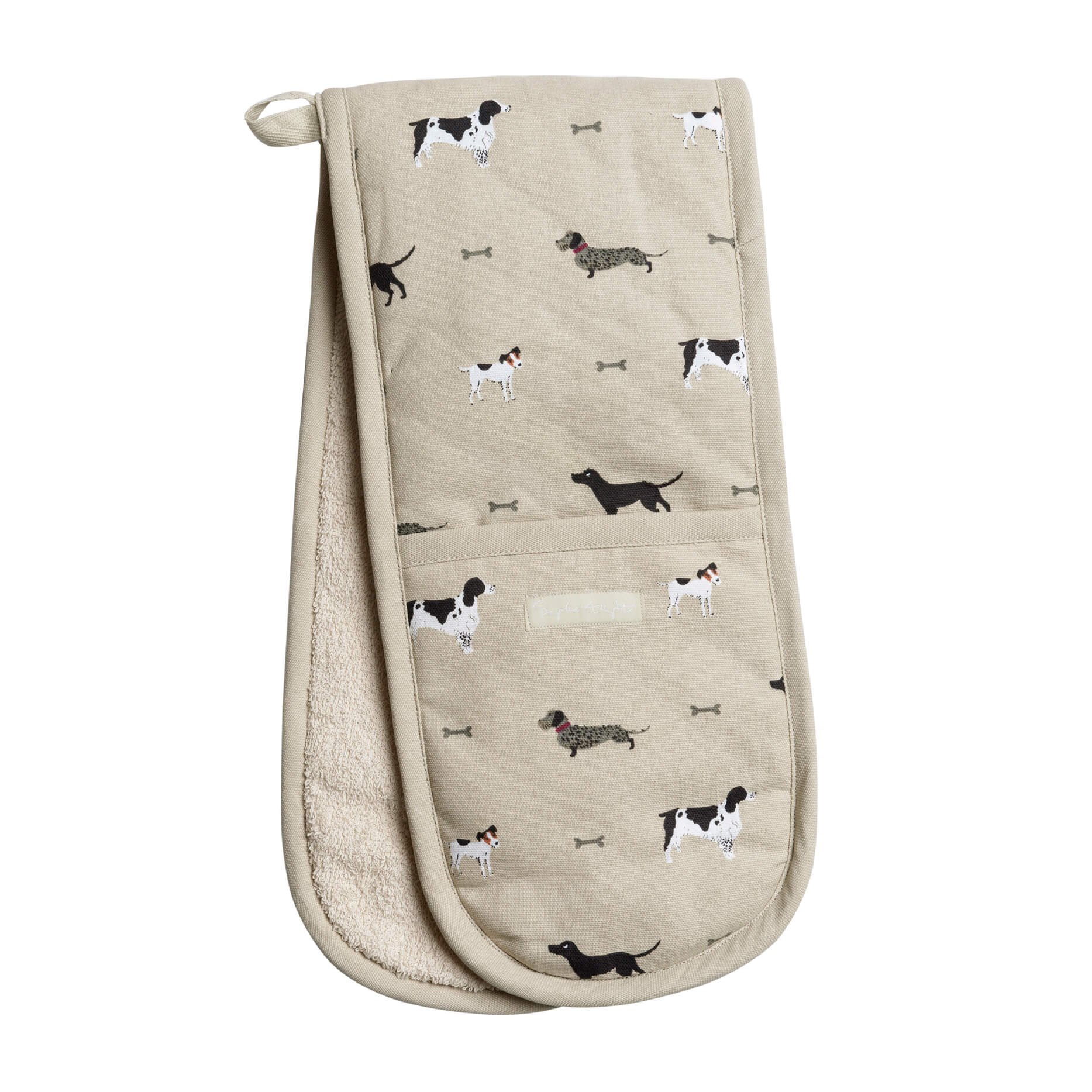Sophie Allport Woof Double Oven Gloves with dog print on neutral background