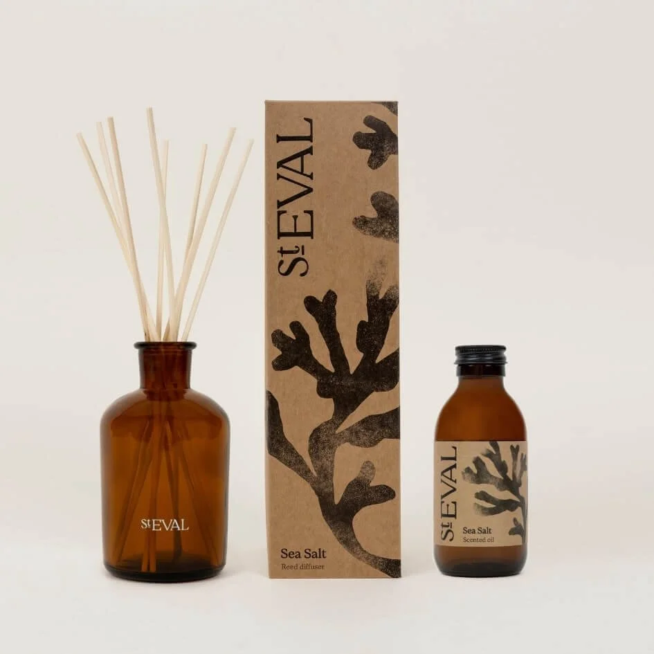 Amber glass St. Eval Sea Salt Reed Diffuser with reeds, box, and refill bottle