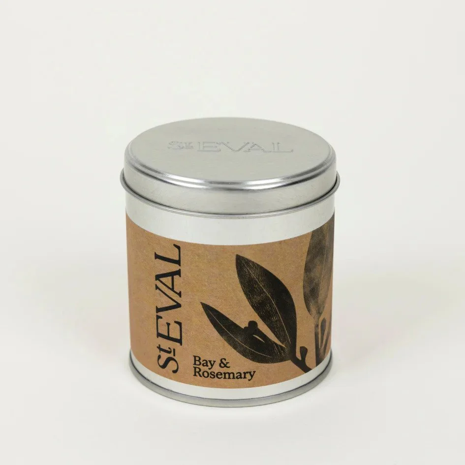 St. Eval Bay & Rosemary tin candle in silver container on neutral background