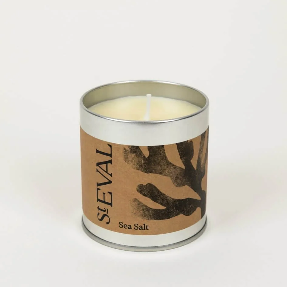 St. Eval Sea Salt scented tin candle – open tin showing ivory wax and single cotton wick