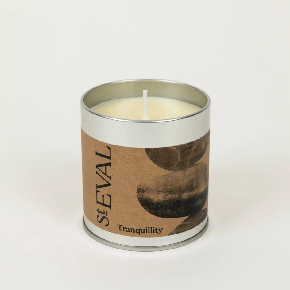 St. Eval Tranquillity scented tin candle – open tin showing ivory wax and single wick