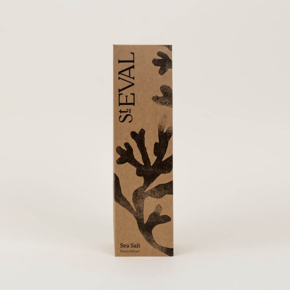 St. Eval Sea Salt Reed Diffuser kraft packaging with black seaweed illustration