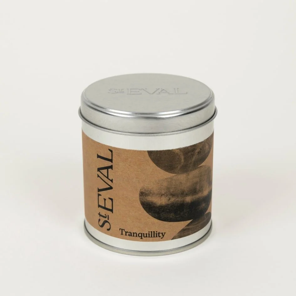 St. Eval Tranquillity scented tin candle – silver lid embossed with St. Eval logo