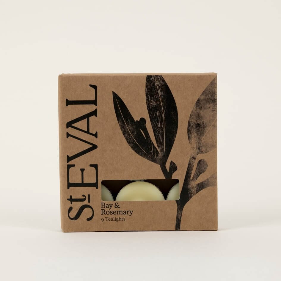 St. Eval Bay & Rosemary Scented Tealight Candles in Sustainable Kraft Packaging – Box of 9 Herbal Aromatherapy Candles