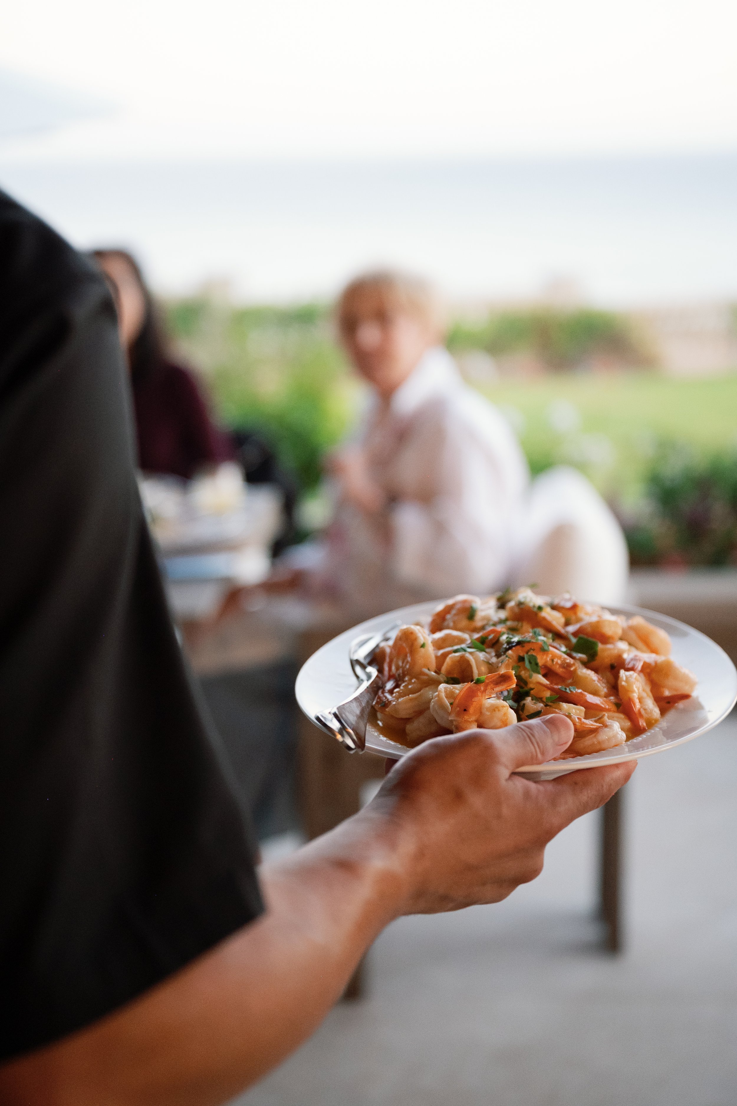 Person holding a plate of pasta with shrimp garnished with herbs.