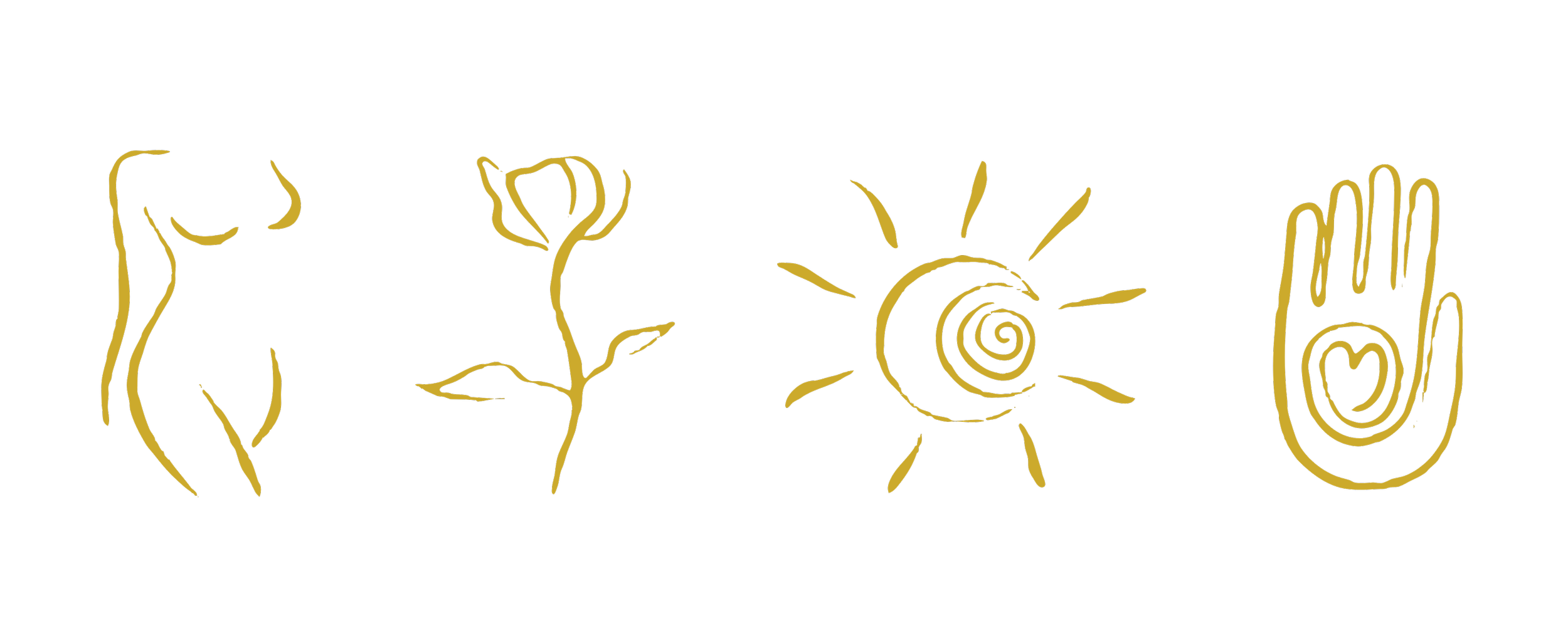 Gold-colored line art of a woman, a flower, a sun, and an open hand with a heart inside on a black background.