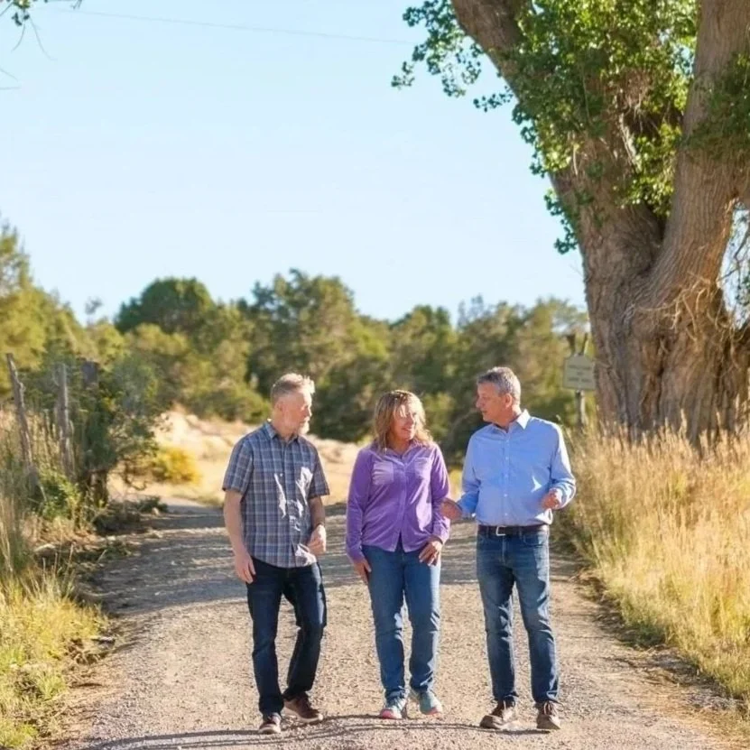 Three people walking and talking on a dirt path with trees and grass on a sunny day.