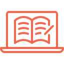 Icon of an open book on a stand, with a notebook and pen nearby