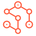 Stylized icon of a connected network or circuit with nodes and lines on a red background.