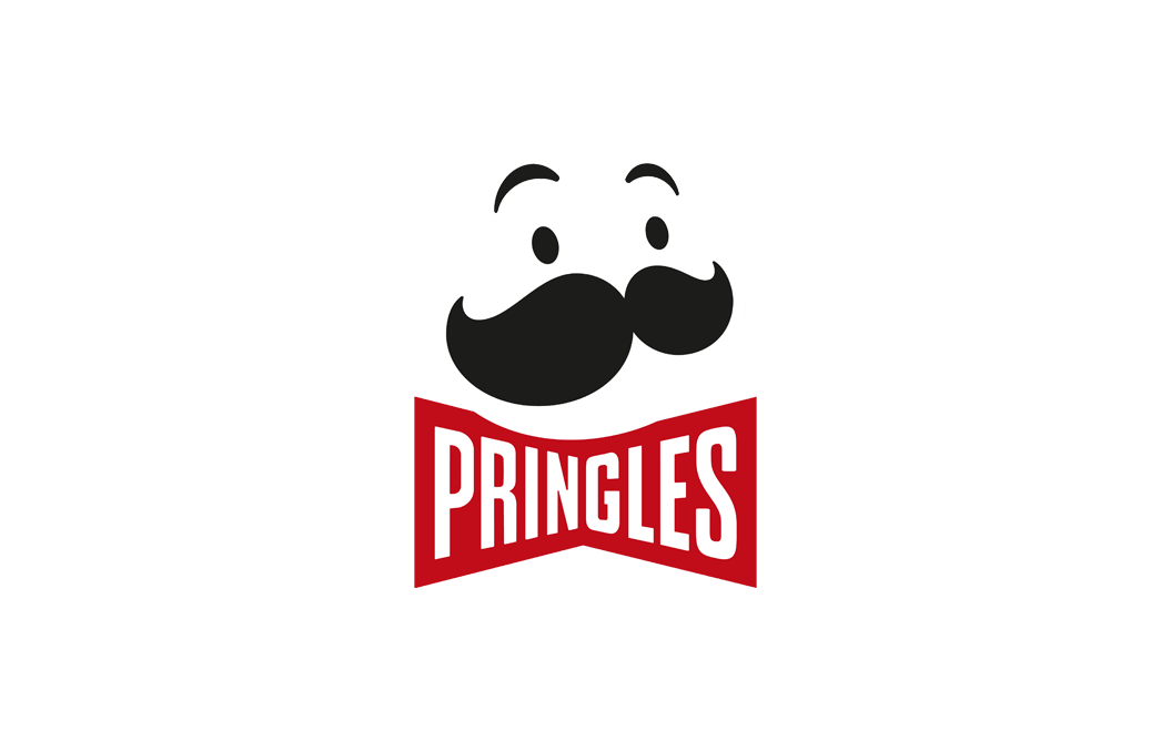 RunPointLA: Pringles logo featuring a stylized cartoon face with a large mustache and eyebrows, and the word "Pringles" in bold white letters on a red banner.