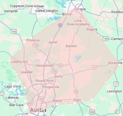 Map showing a highlighted area around Austin, Texas, including nearby towns such as Georgetown, Round Rock, Pflugerville, and Liberty Hill.