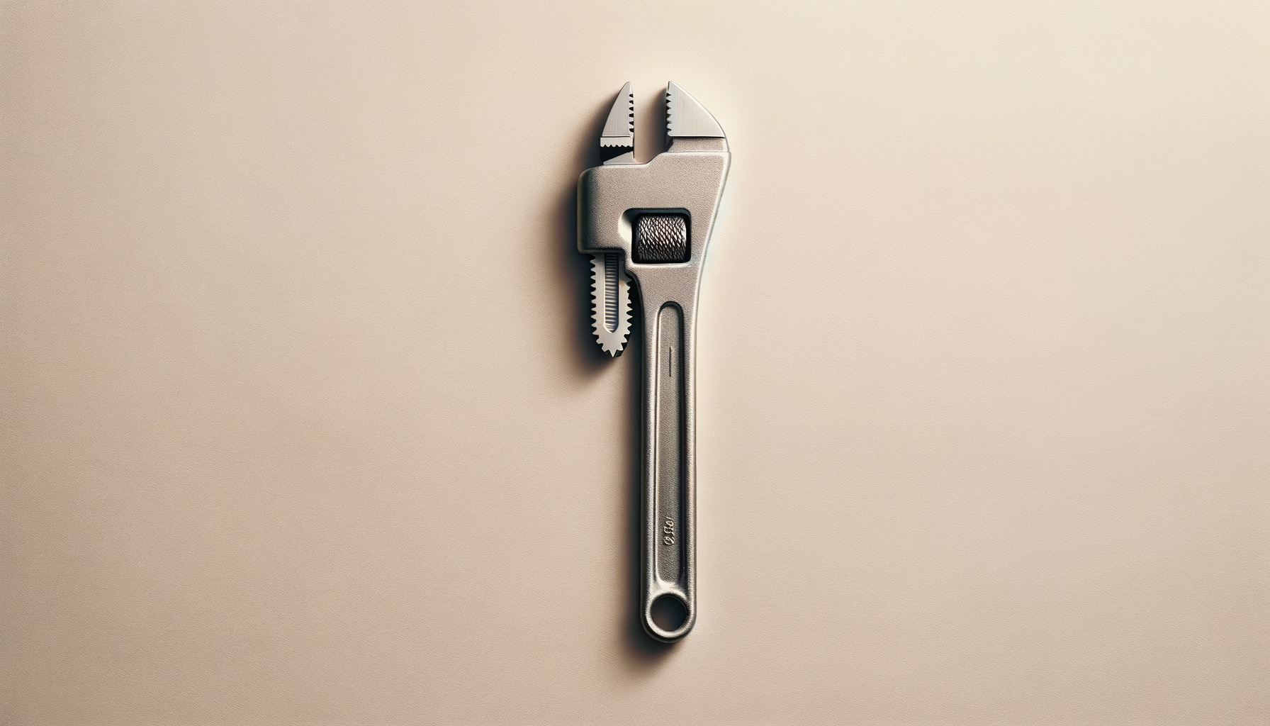 Adjustable wrench with a metallic finish against a neutral beige background.
