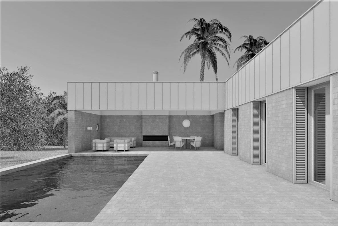 Moderner Außenbereich mit Swimmingpool, Sitzbereich und Lichterlemente, Palmen im Hintergrund, zweistöckiges Haus mit großen Fenstern und Jalousien