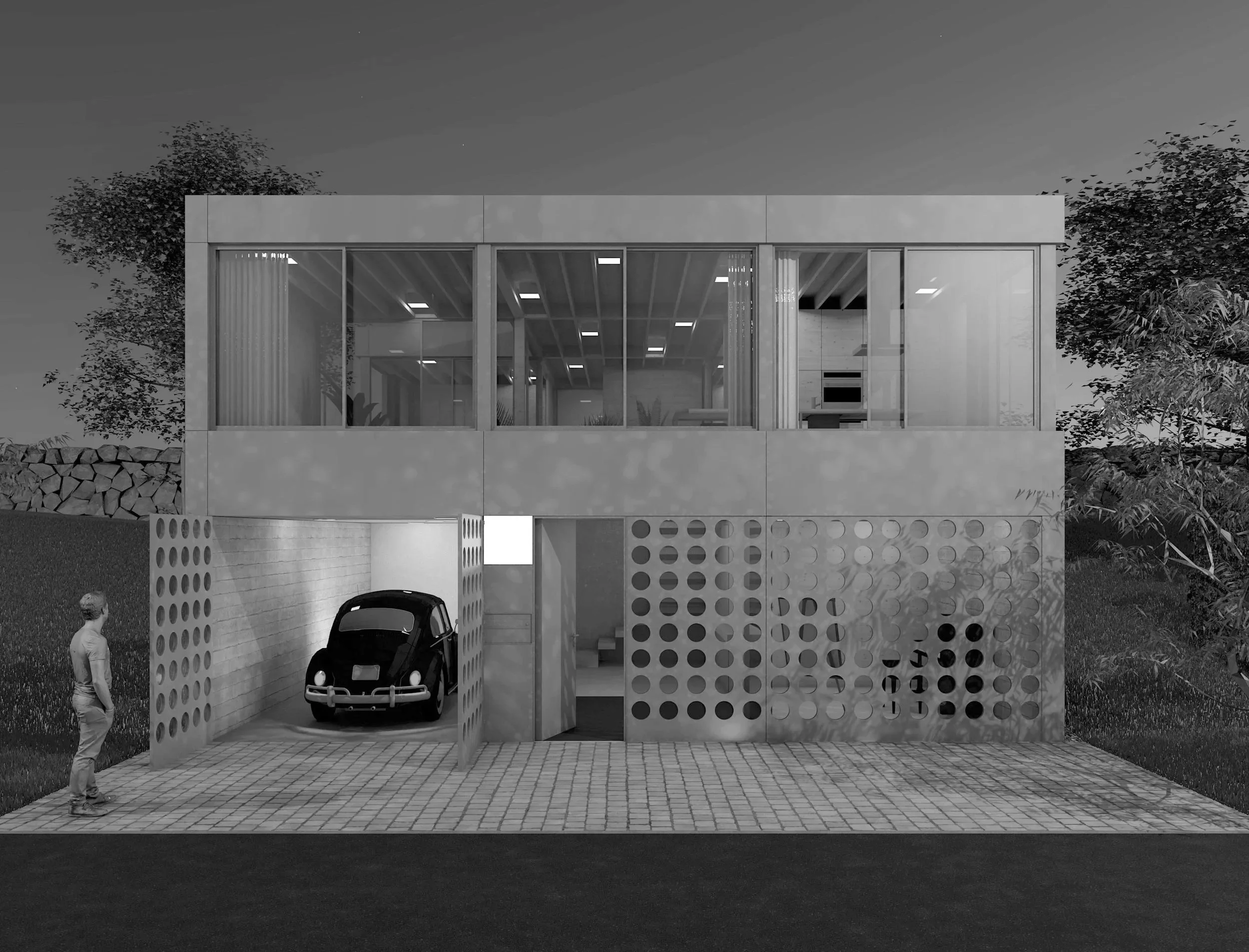Moderne zweistöckige Hausfassade mit Glasfenstern, Garage mit einem alten Auto, und eine Person steht davor, bei Sonnenuntergang