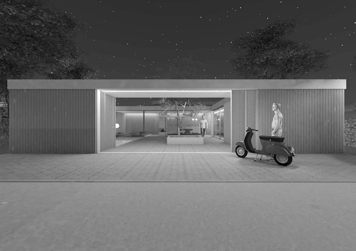 Moderne Bauweise mit offener Eingangspartie, 2 Personen, eine mit Fahrrad, nachts mit Sternenhimmel.