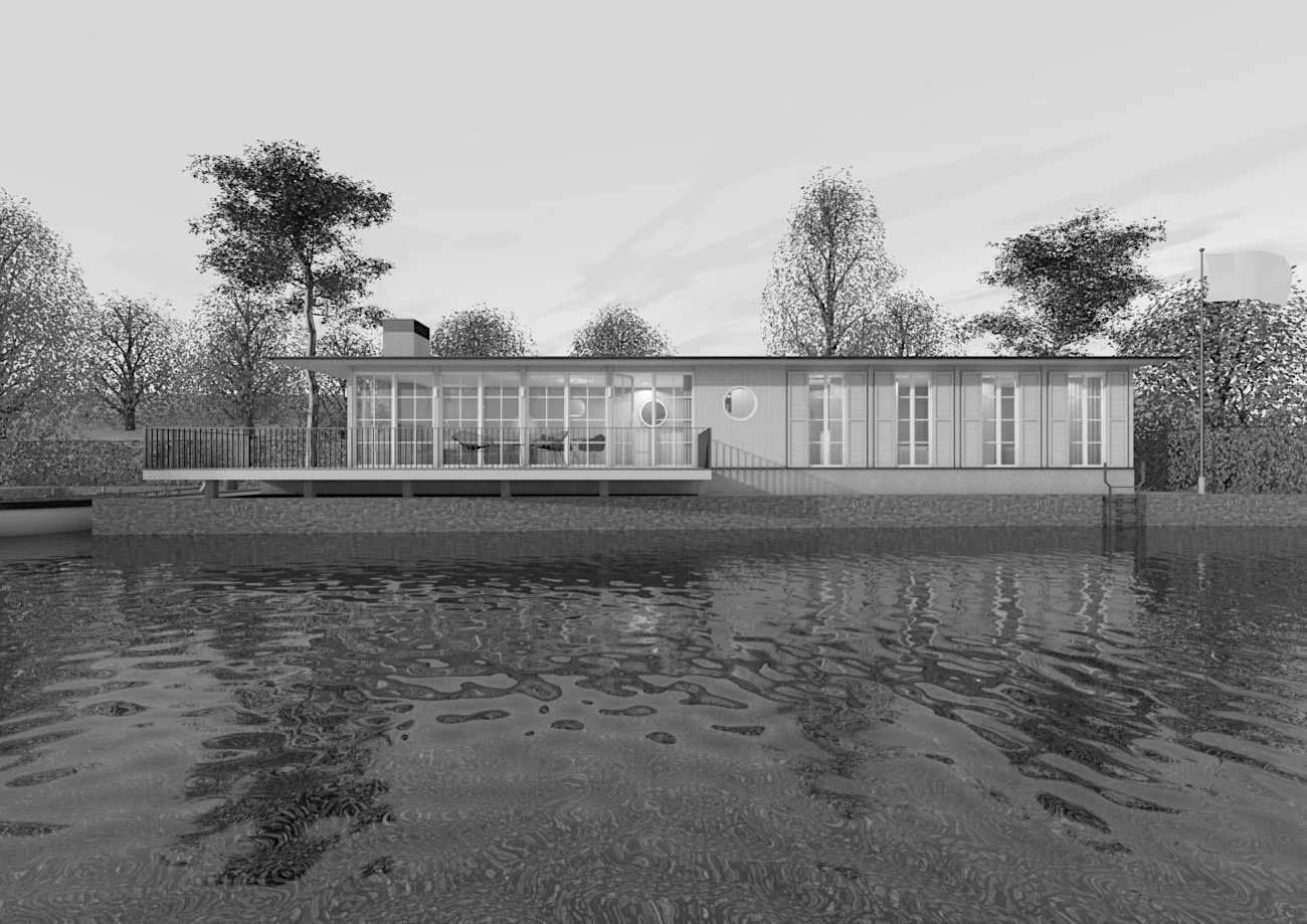 Schwarz-weiß-Fotografie eines modernen Hauses am Wasser mit großen Fenstern und umgeben von Bäumen.