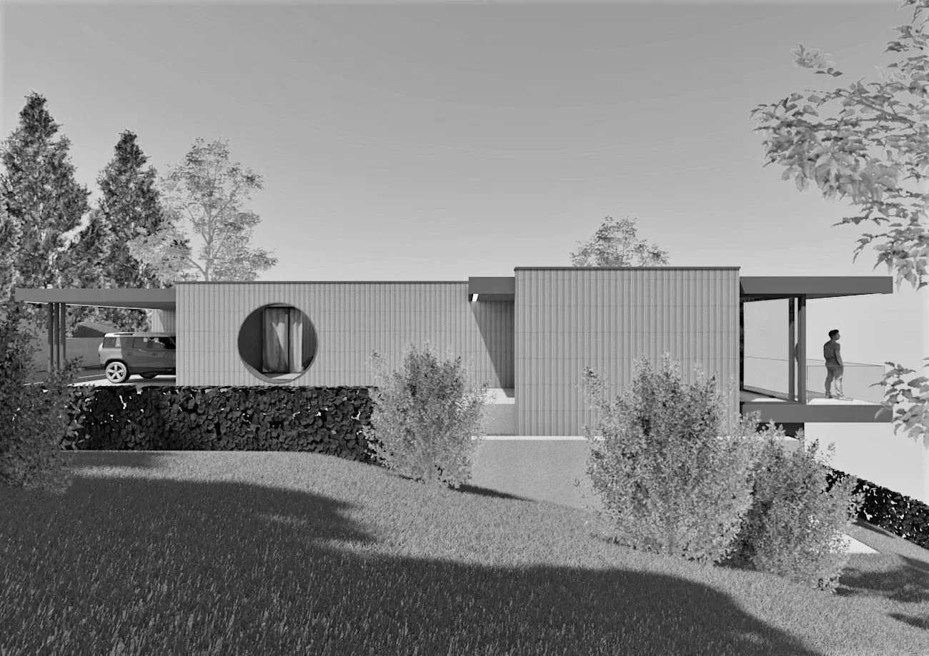 Schlichtes modernes Haus mit Carport auf einer erhöhten Grundstücksfläche, umgeben von Büschen und Bäumen.