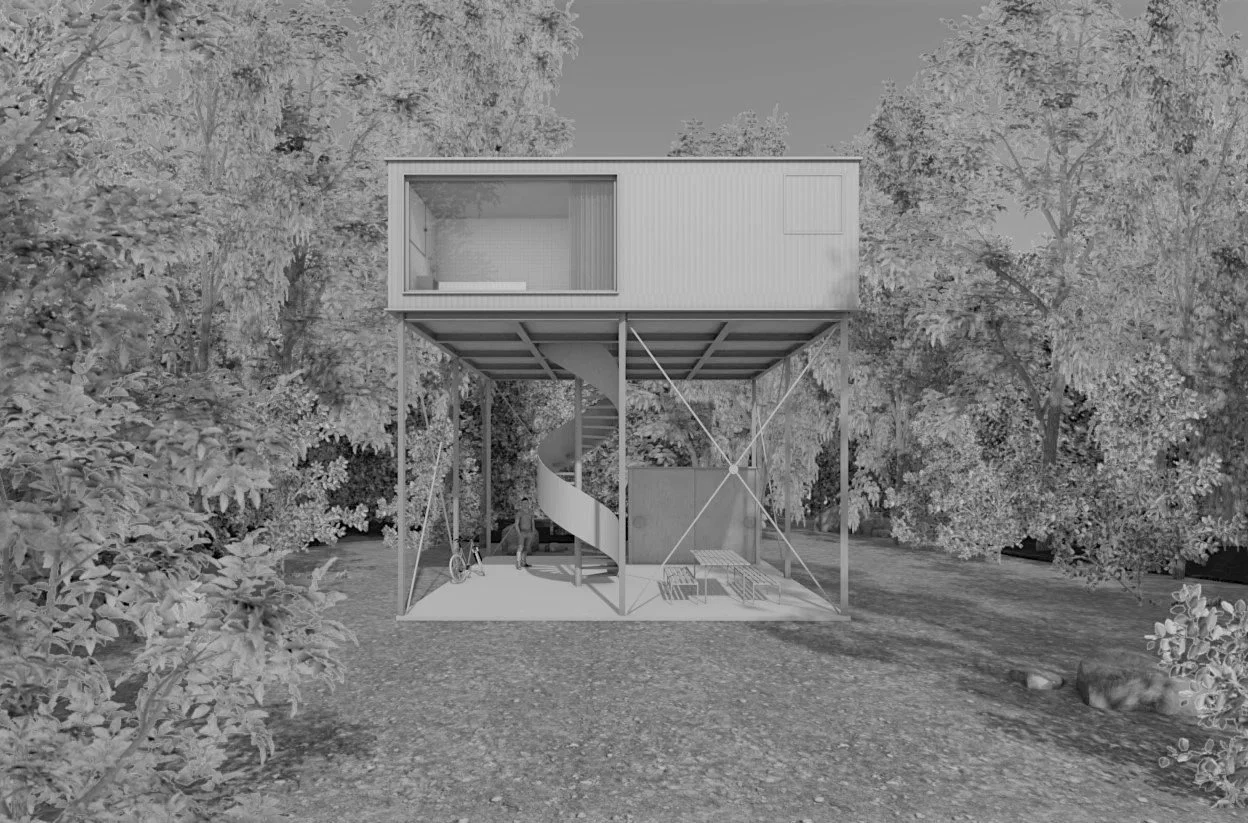 Ein modern gebautes Haus auf Stelzen inmitten eines Baumschattens, sichtbar ist eine spiralförmige Außentreppe, eine Person mit Fahrrad. Das Haus hat einen offenen unteren Bereich mit Gartentisch und Bänken, und einen geschlossenen oberen Bereich mit einem großen Fenster.