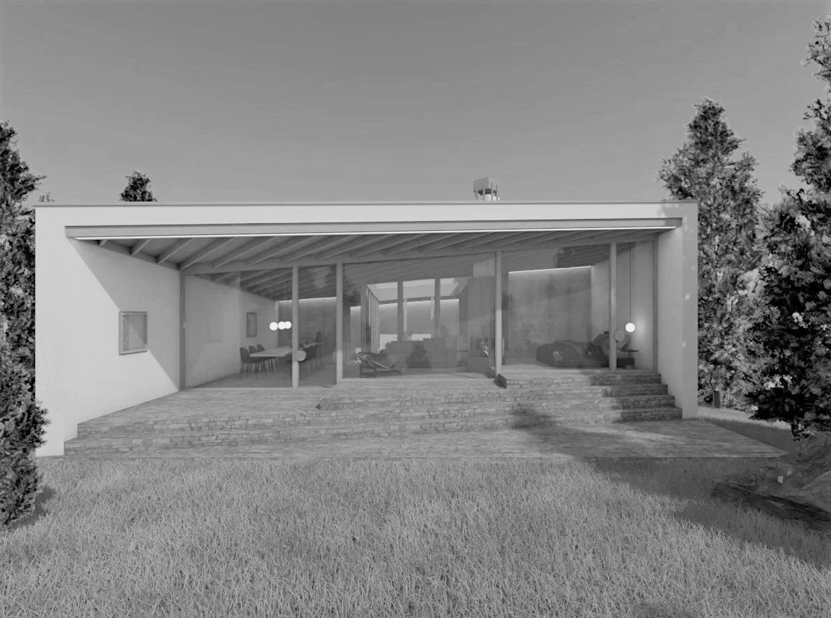 Moderne Einfamilienhaus mit großen Glasfenstern, einer Terrasse aus Steinplatten und umgeben von Bäumen.