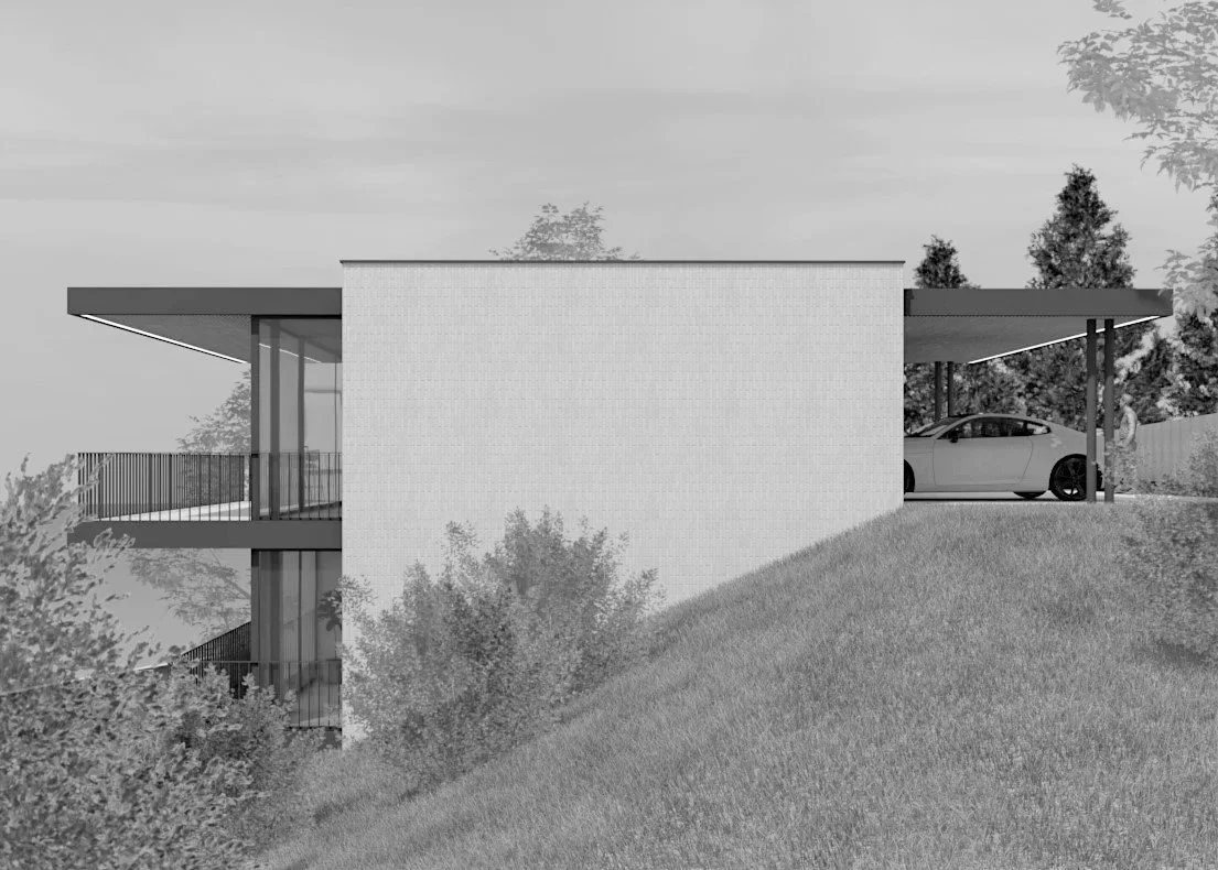 Moderne Hausansicht an einem Hang mit Carport auf der rechten Seite, umgeben von Bäumen und Rasen, im Hintergrund Himmel.