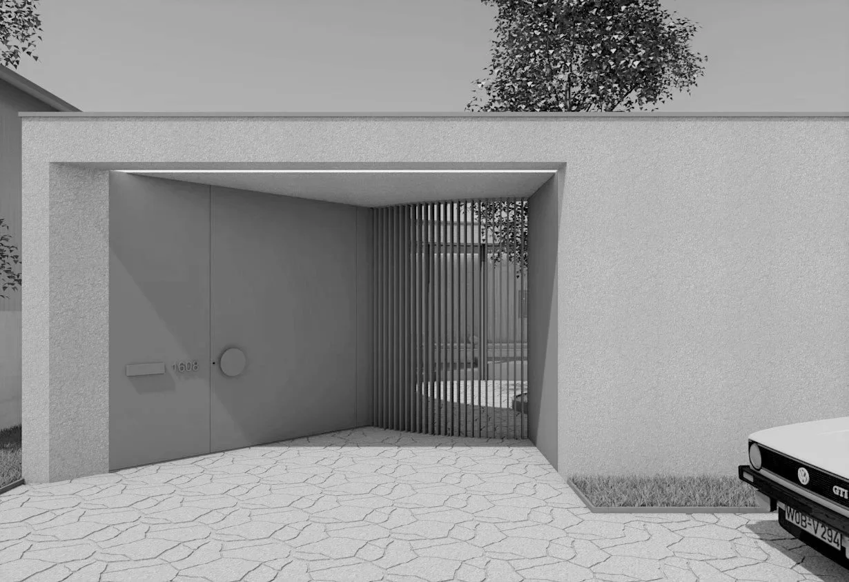 Modernes Haus mit weißer Fassade, überdachter Einfahrt, Holzgitter und einem weißen Volkswagen GTI Parken vor der Tür.