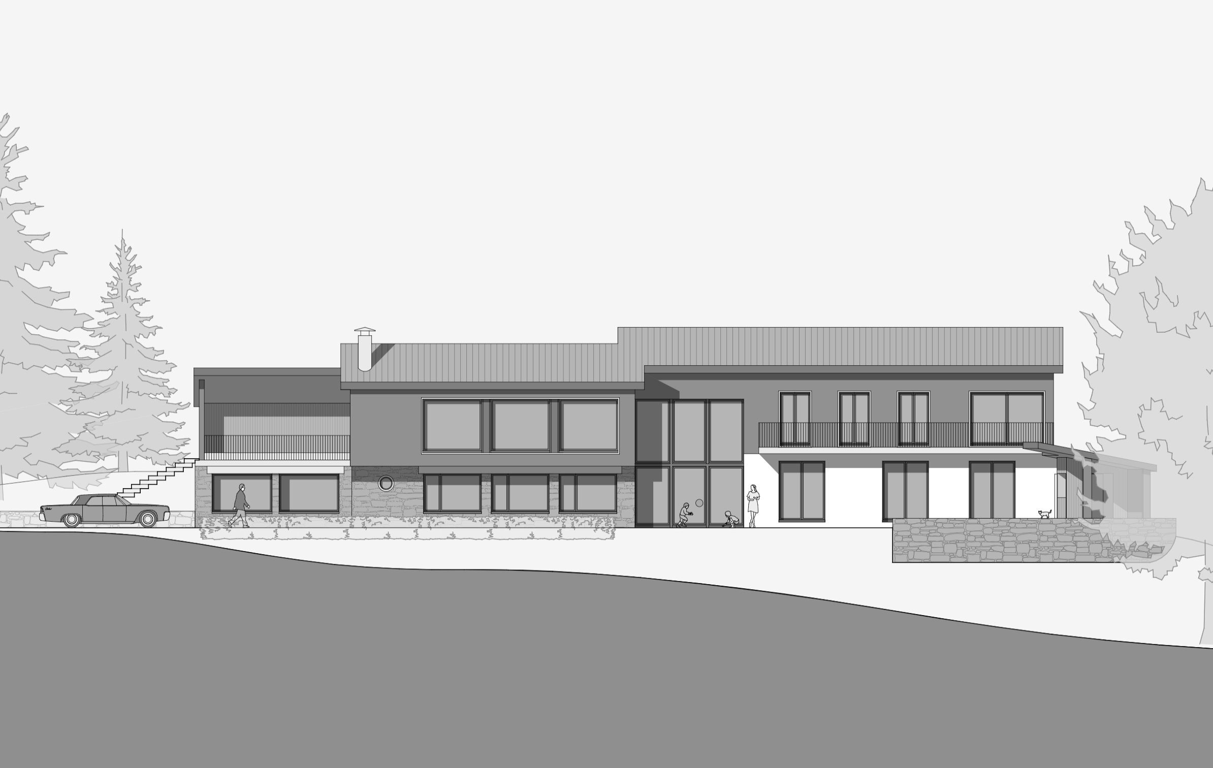 Zeichnung eines modernen zweistöckigen Hauses mit großen Fenstern, einer Garage, einem Balkon und mehreren Personen, die im Vordergrund unterwegs sind, umgeben von Bäumen.