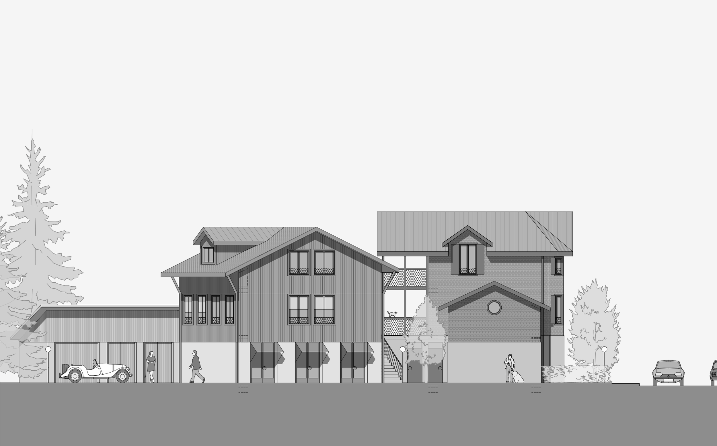 Entwicklung eines Architekturskizzen-Entwurfs eines Mehrfamilienhauses mit klassischen Elementen, Bäumen und Fahrzeugen.