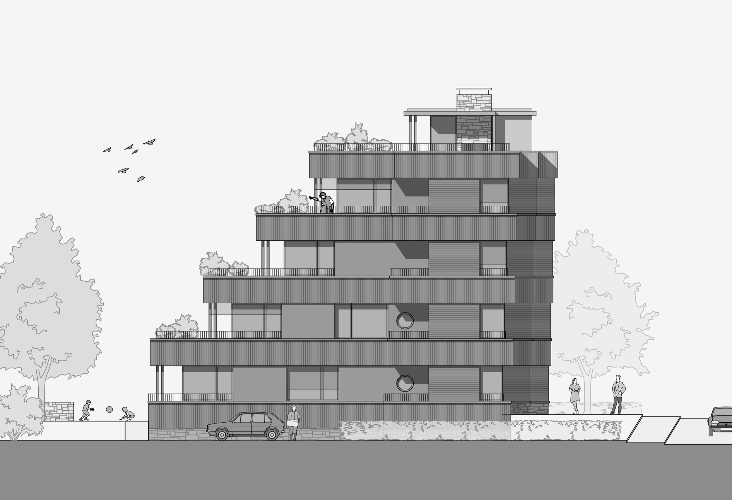 Skizze eines modernen Mehrfamilienhauses mit vier Stockwerken, Balkonen, Dachgarten und Bäumen im Umfeld, mit mehreren Menschen und Autos im Vordergrund.