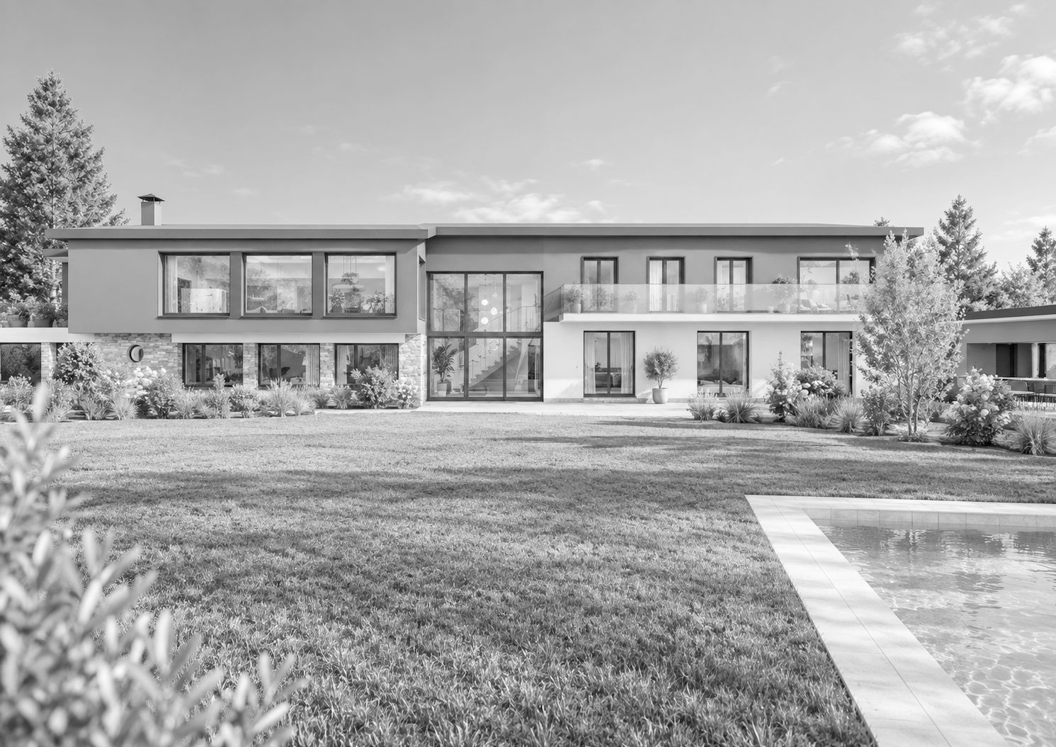 Zeichnung eines modernen zweistöckigen Hauses mit großen Fenstern, einer Garage, einem Balkon und mehreren Personen, die im Vordergrund unterwegs sind, umgeben von Bäumen.