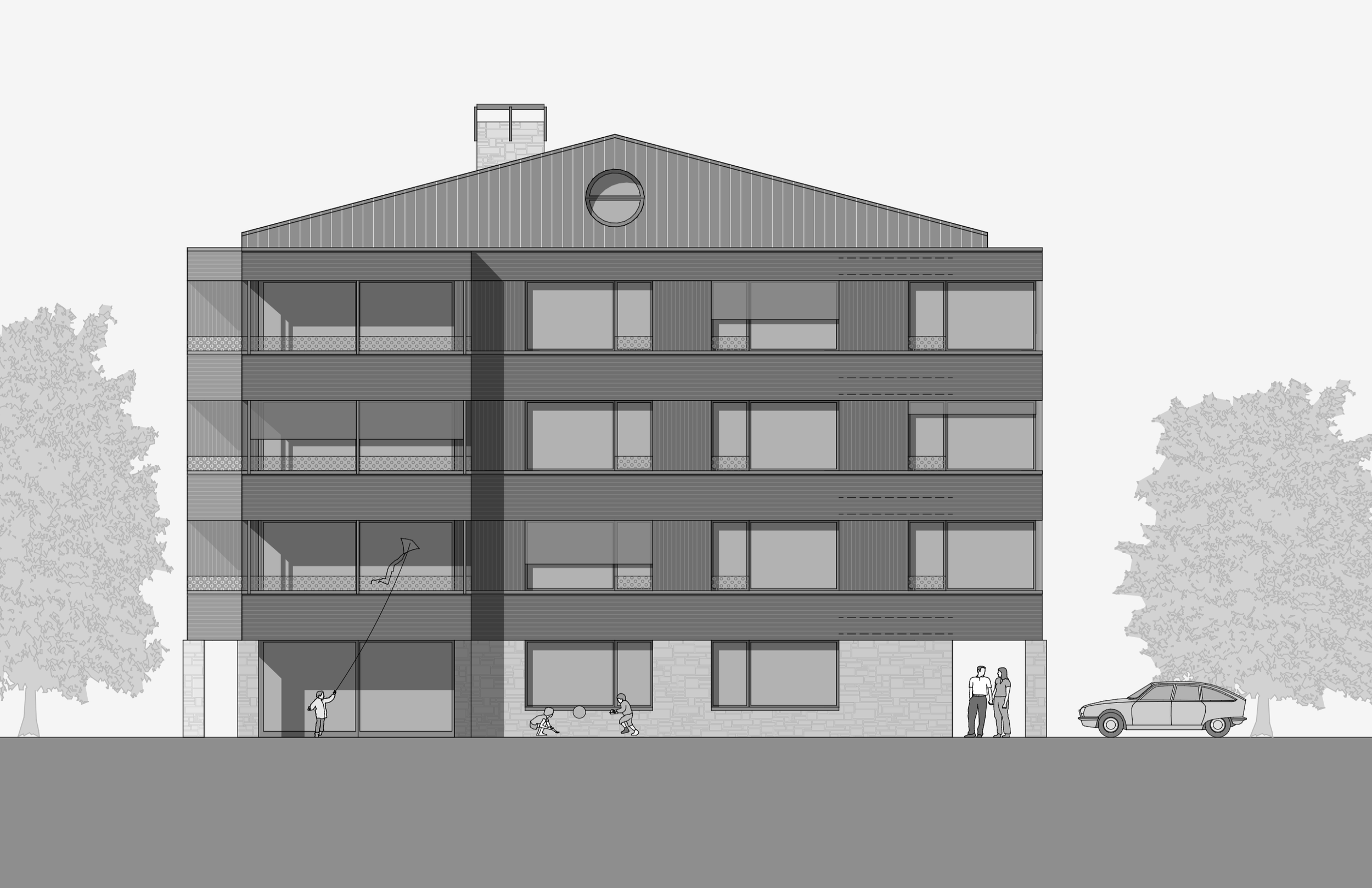 Mehrfamilienhaus mit fünf Etagen, großen Fensterflächen und Balkonflächen, Bäumen auf beiden Seiten, einem Auto auf der rechten Seite, sowie Menschen im Eingangsbereich und auf der Straße davor.