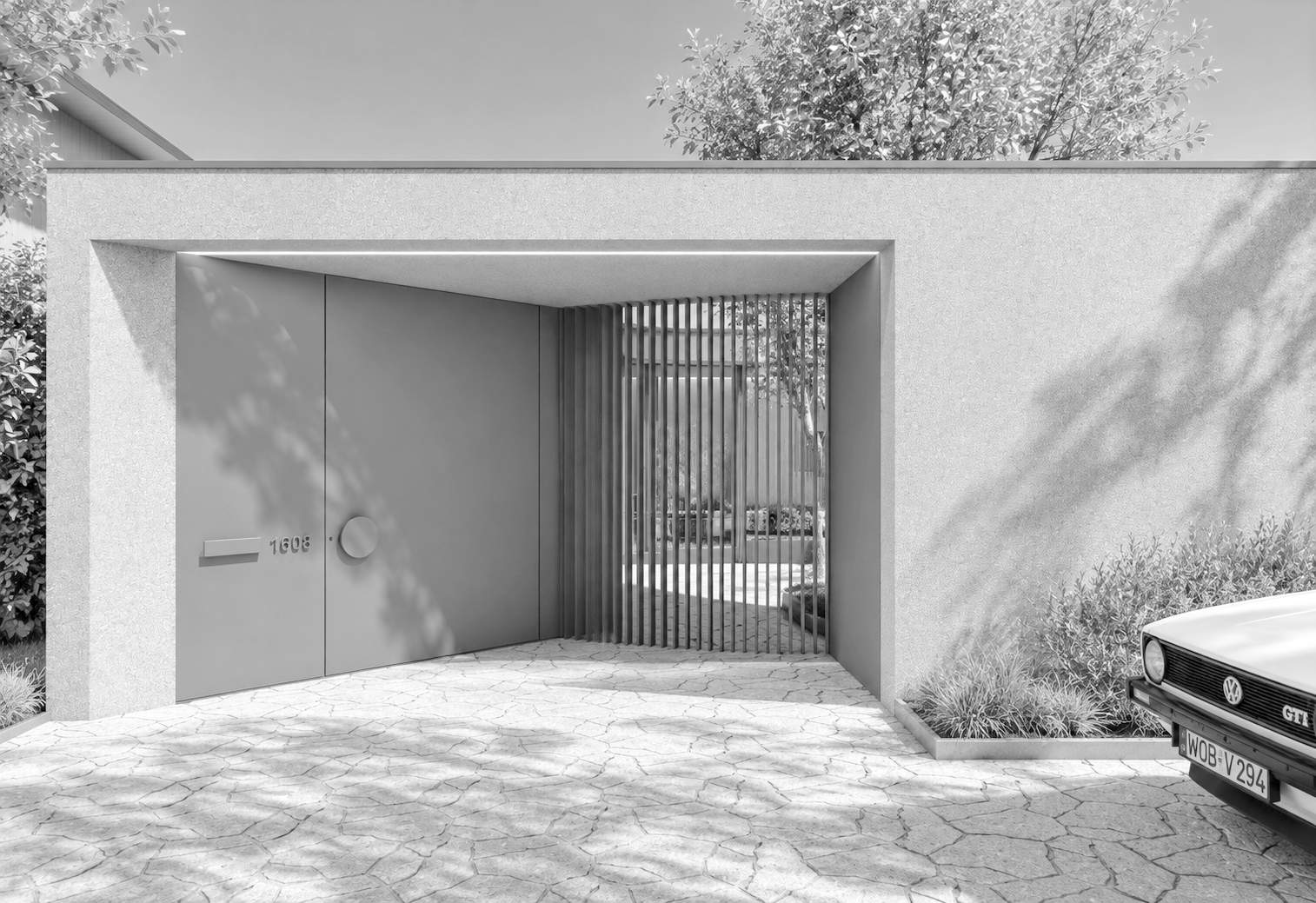 Modernes Haus mit weißer Fassade, überdachter Einfahrt, Holzgitter und einem weißen Volkswagen GTI Parken vor der Tür.