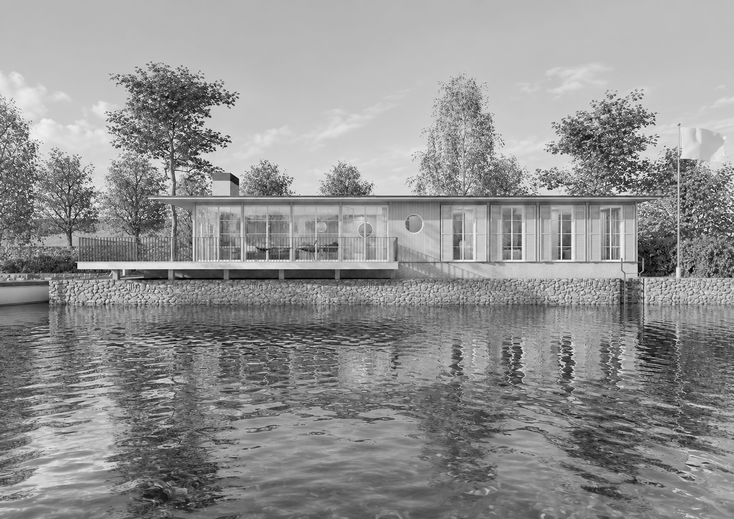 Schwarz-weiß-Fotografie eines modernen Hauses am Wasser mit großen Fenstern und umgeben von Bäumen.