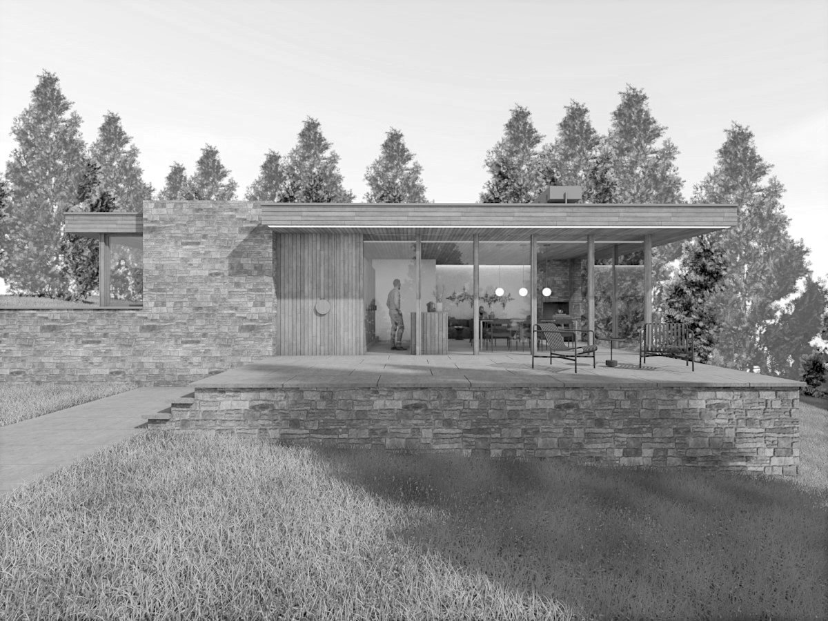 Ein modernes, einstöckiges Haus mit großem Balkon und Holz- sowie Steinelementen, umgeben von Bäumen