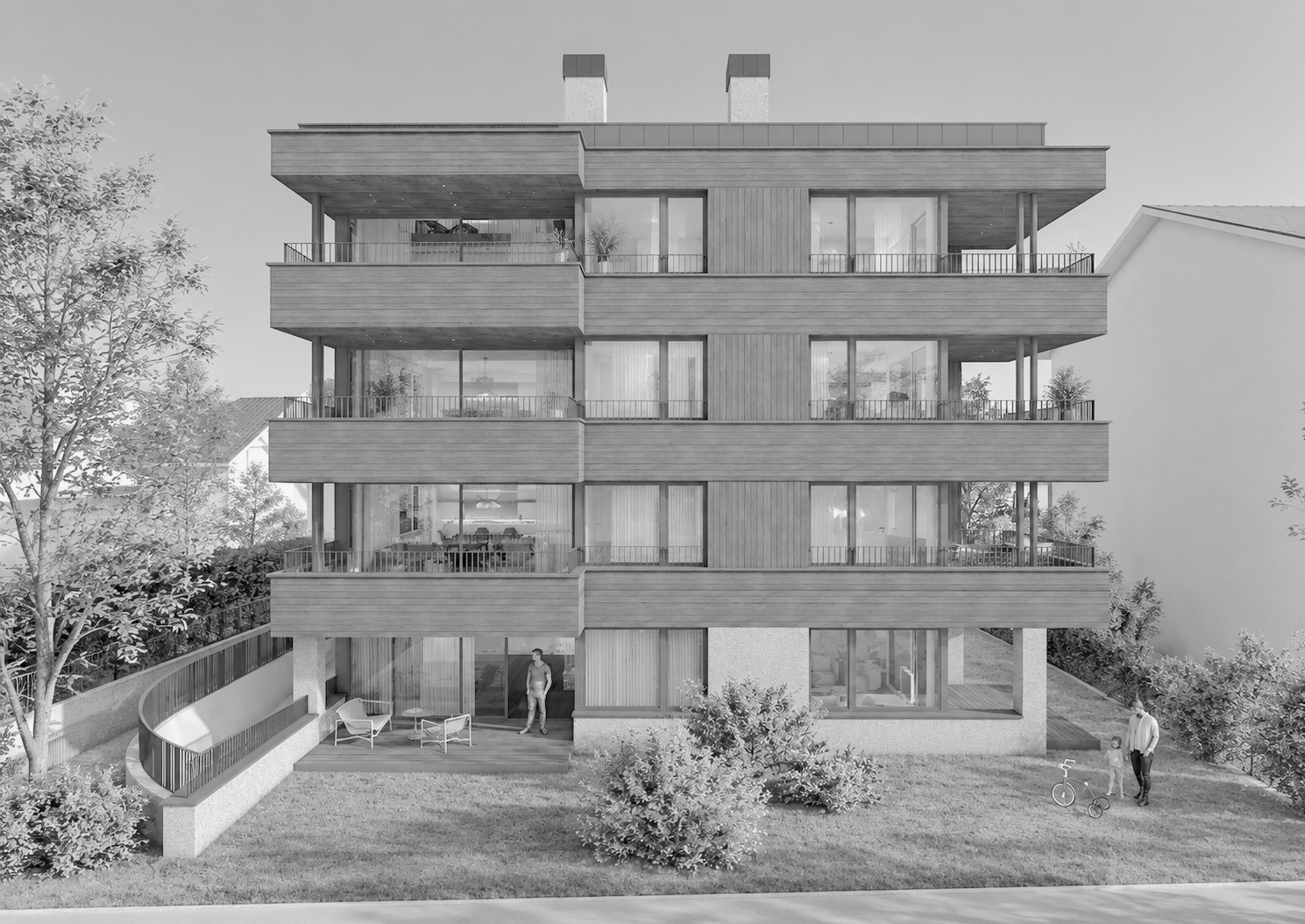 Mehrfamilienhaus mit fünf Etagen, großen Fensterflächen und Balkonflächen, Bäumen auf beiden Seiten, einem Auto auf der rechten Seite, sowie Menschen im Eingangsbereich und auf der Straße davor.