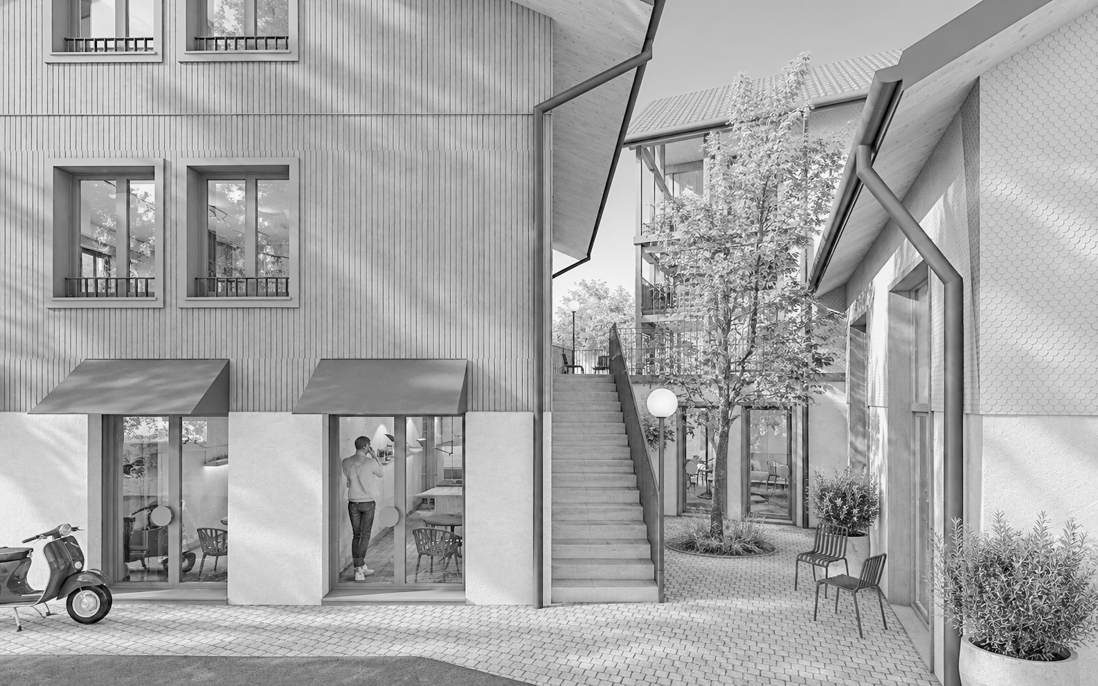 Entwicklung eines Architekturskizzen-Entwurfs eines Mehrfamilienhauses mit klassischen Elementen, Bäumen und Fahrzeugen.