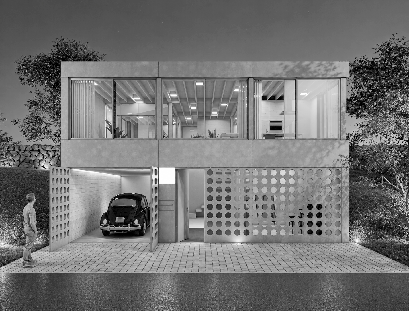 Moderne zweistöckige Hausfassade mit Glasfenstern, Garage mit einem alten Auto, und eine Person steht davor, bei Sonnenuntergang
